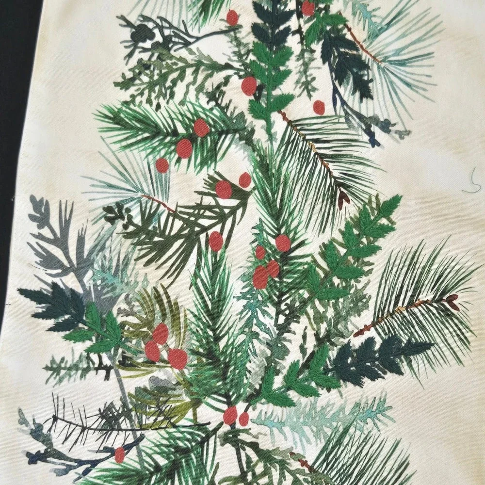 Crate & Barrel Winter Sprig Embroidered Table Runner 14x120in Holiday Christmas